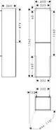 Hochschrank von Hansgrohe in Mattweiß, mit linkem Türanschlag, grafische Darstellung von Maßen und Aufbau.